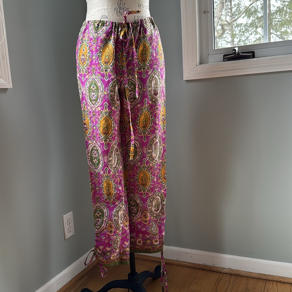 Ralph Lauren poly purple & green paisley side ruched casual pants EUC size S - Picture 3 of 11